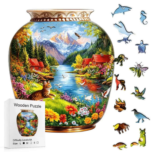 Vase Shaped Mountain Lake, Cat, Floral Wooden Jigsaw Puzzle, Country Cabin Riverside Scenery Irregular Basswood Puzzle,