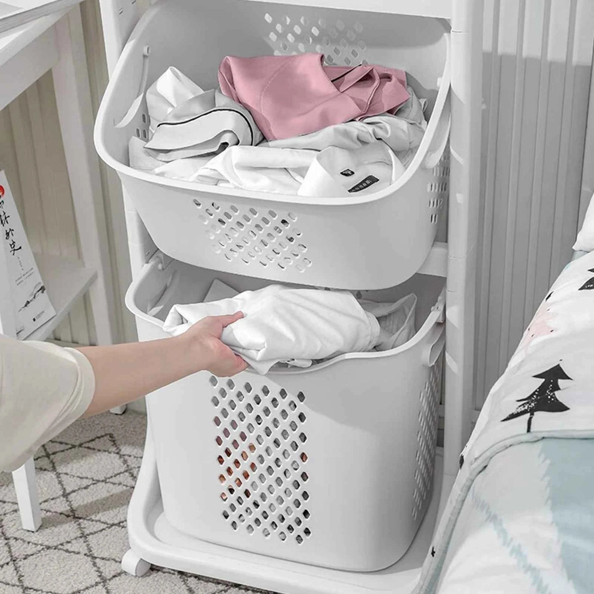 2/4 Tier Laundry Basket Cart. Removable Storage Buckets. Plastic Hamper with 4 Wheels. White