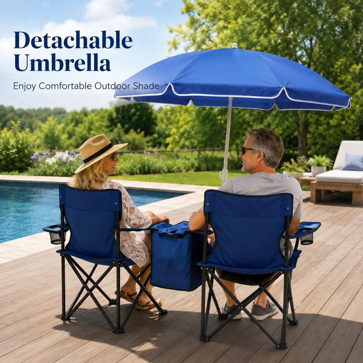 2 Person Folding Camping Chair Set with Umbrella, Cup Holders, Built in Cooler. Portable Outdoor Double Chair set