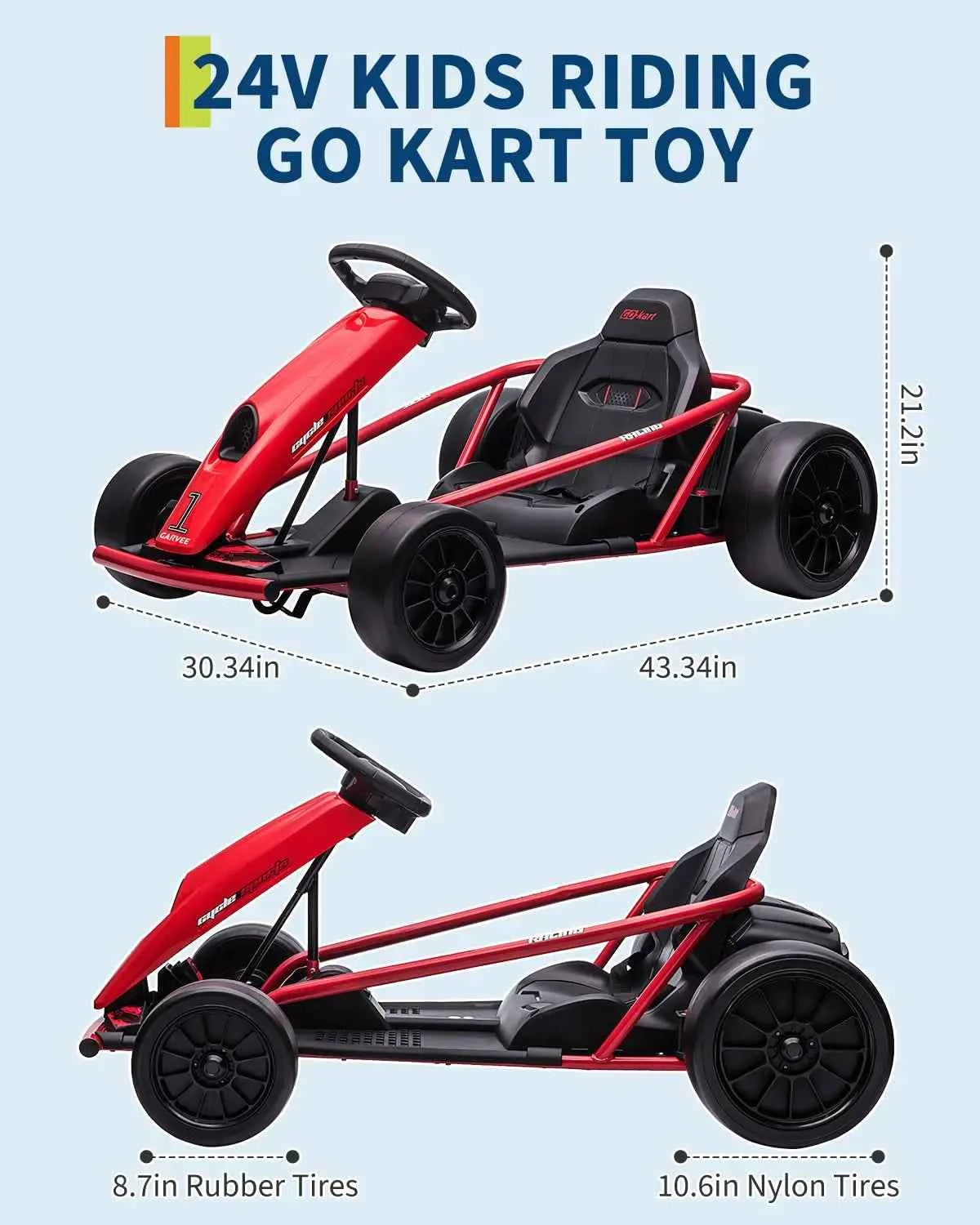 24V Electric Go Kart For Kids Ages 8+, 2x300W Drift Racing Ride On Car With 9Ah Battery, Music Horn, EVA & Nylon Wheels