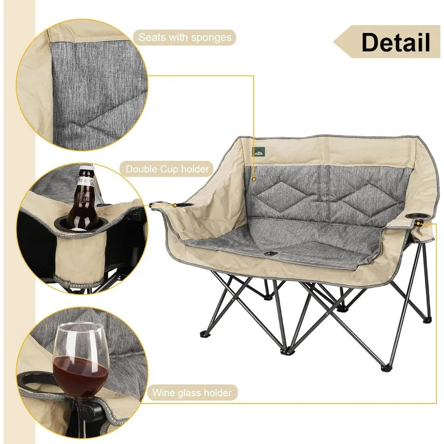 Folding Loveseat Camping Chair. Portable Double Duo Full Padded Garden Chair for 2 Person Sofa with 2 Cup Holders and Wine Glass