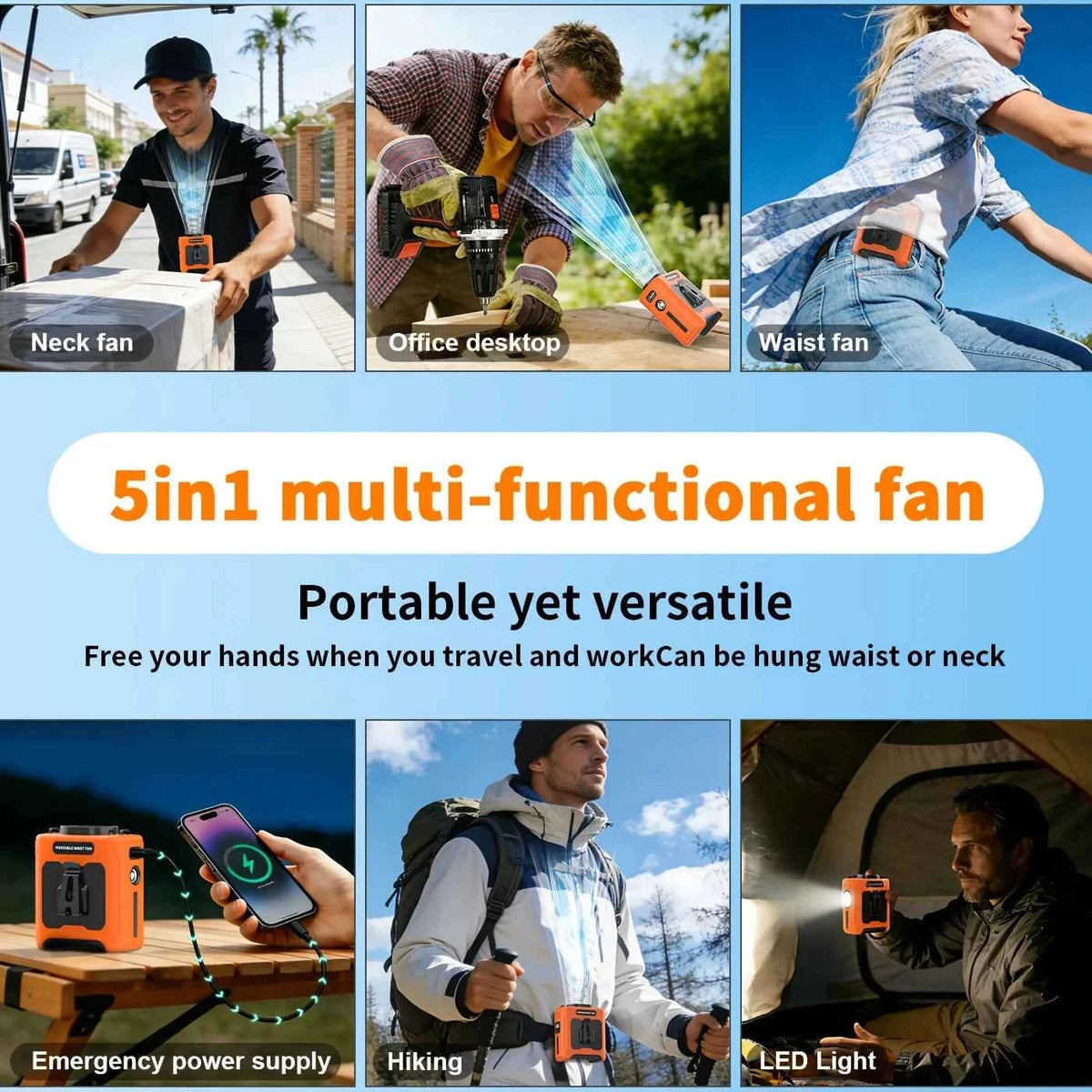10000mAh Waist Fan, Portable, Handheld, Hanging Neck Fan. Ultra-Strong Wind with Phone Charging LED Light For Outdoor. Camping. Travel
