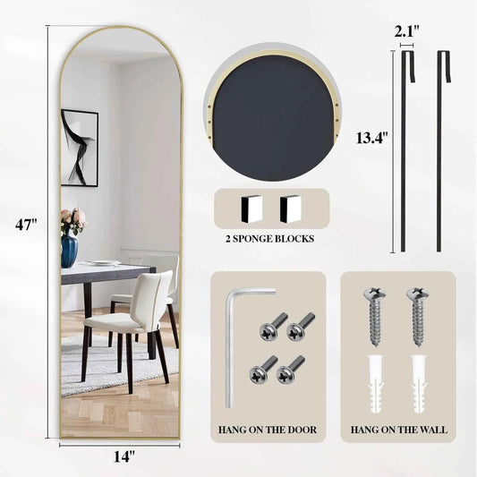 MCQ 47x14 Inches Arched Full Length Mirror. Door Hanging  or Wall Mounted Aluminum Alloy Frame.﻿