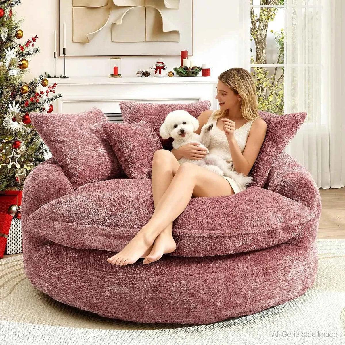 54.3" Round Chaise Lounge Chair, Modern Upholstered Boneless Couch with 5 Throw Pillows and Deep Seat