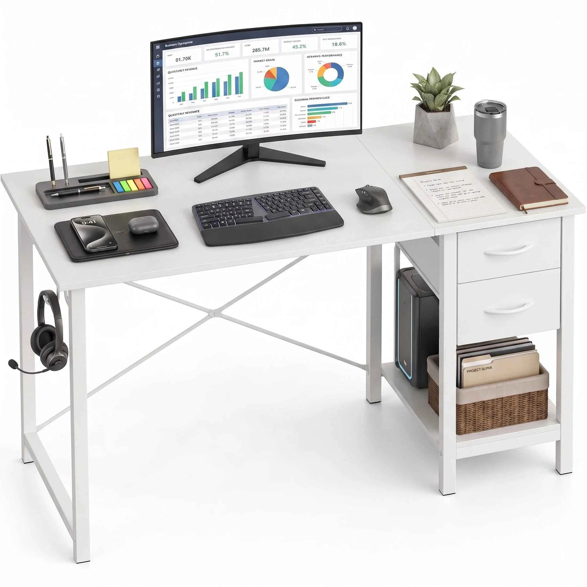 MCQ 47 Inch Standing Office Computer Desk with Drawers and Side Hook. Ergonomic. With Storage, X‑Frame Stability For Home, Office, Small Space