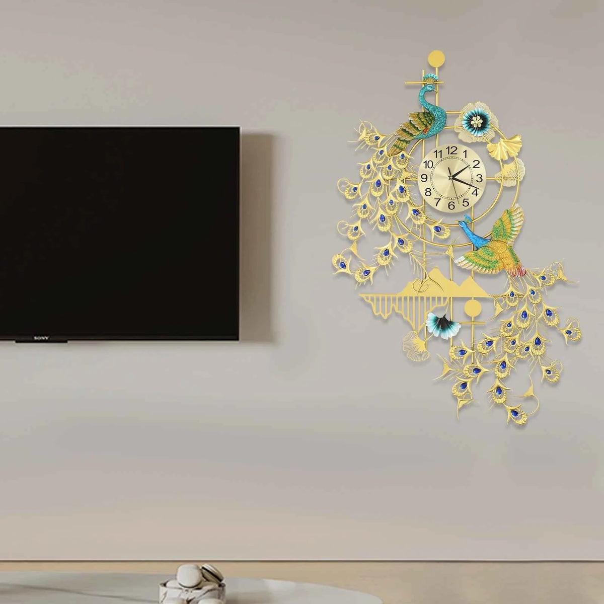 Large 80x120cm Peacock Wall Clock. Silent Quartz. Decorative Gold & Blue Rhinestone Resin Iron. Modern Art