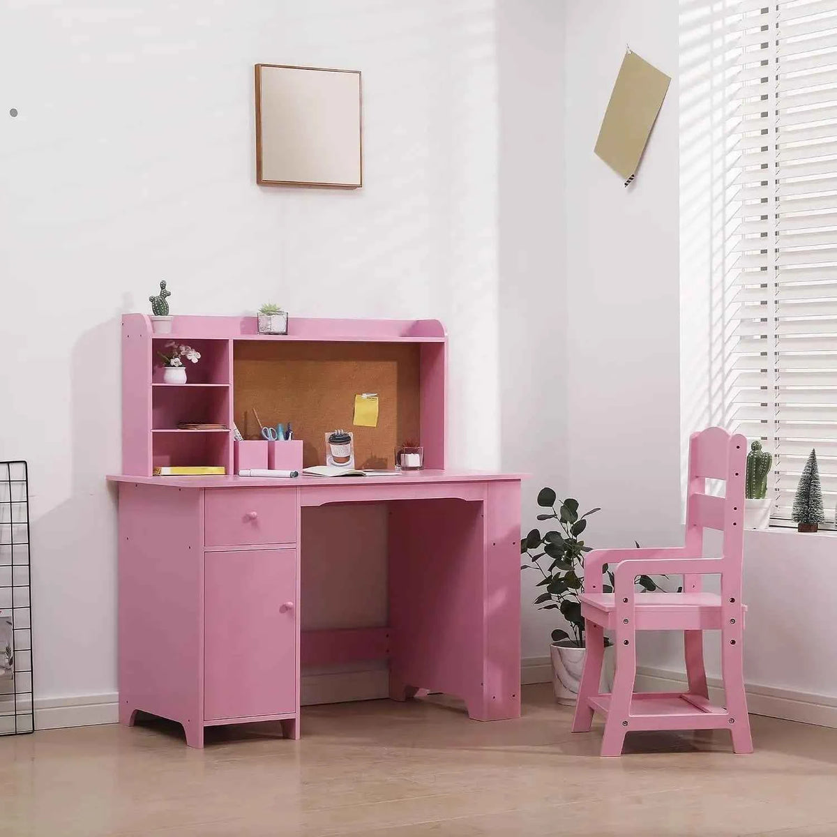Kids Desk and Chair Set, Wooden Study Table with Bookshelf, Bulletin Board, Storage Shelf, Cabinet & Drawer,  Desk for Ages 3-8, Pink