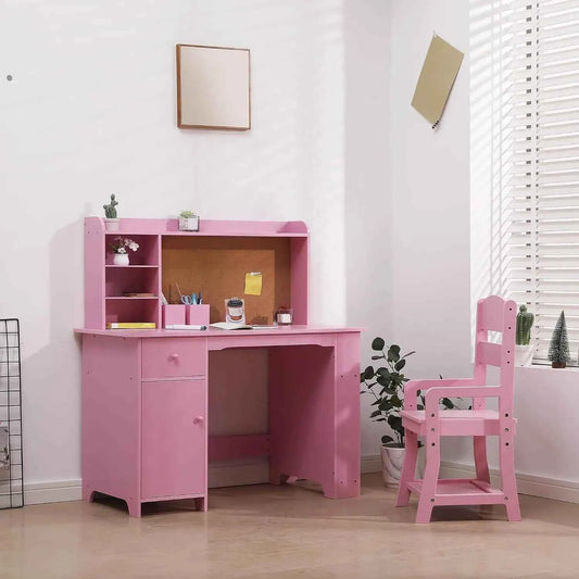 Kids Desk and Chair Set, Wooden Study Table with Bookshelf, Bulletin Board, Storage Shelf, Cabinet & Drawer,  Desk for Ages 3-8, Pink