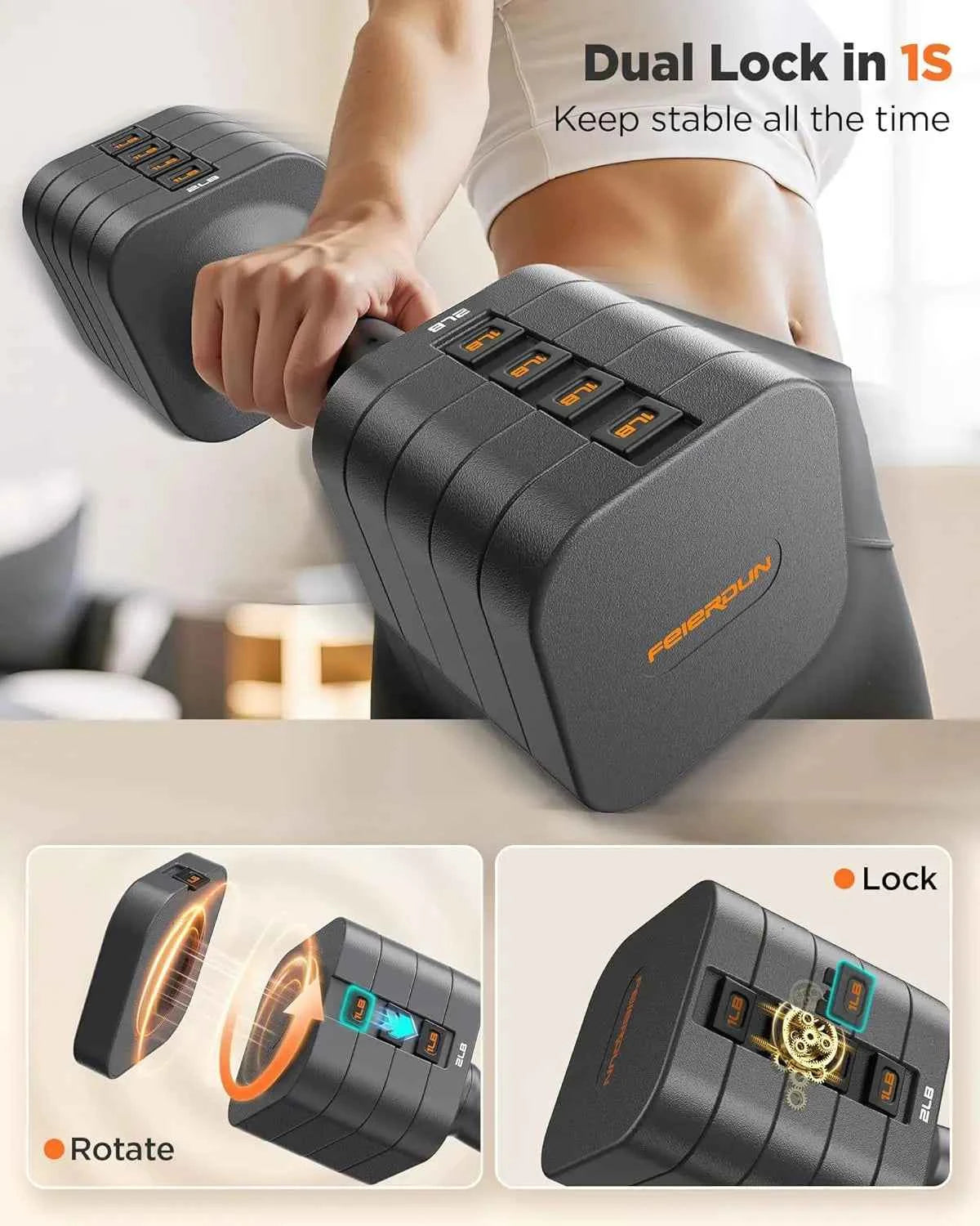 FEIERDUN 5-in-1 Adjustable Dumbbells Set of 2, 20LBS Dark Grey Hand Weights, Fast Adjust Dual Stable Dumbbells.