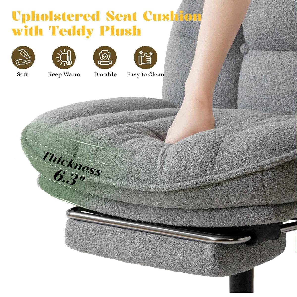 Thick Cushion Leisure Chair, Teddy Plush Cross Chair, Height Adjustable Desk Chair, Rolling Computer Chair with Footrest & Reclining Backrest
