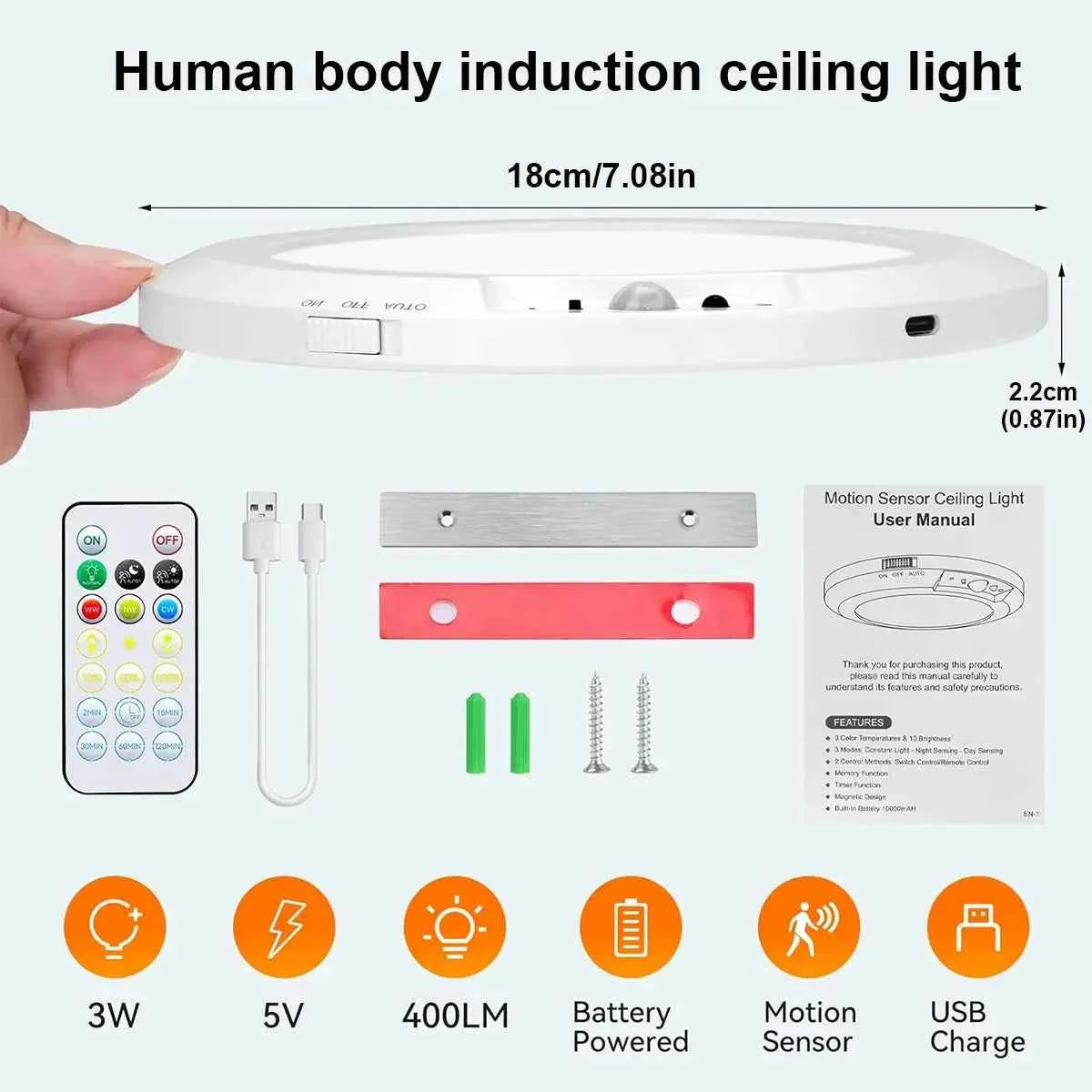 4/2Pack Rechargeable Sensor Ceiling Light with Remote Control, USB Charging, Magnetic Wireless Ceiling Light, Battery Powered.
