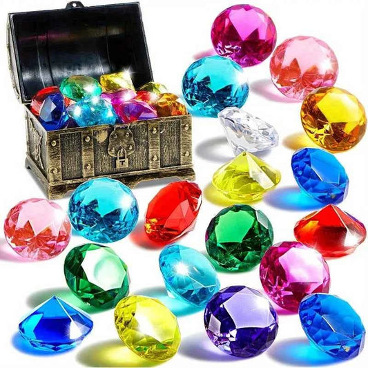 Joyfy Diving Gems Pool Toys. 16 Big Colorful Diamond with Pirate Treasure Chest for Kids Underwater Gemstone Swimming.