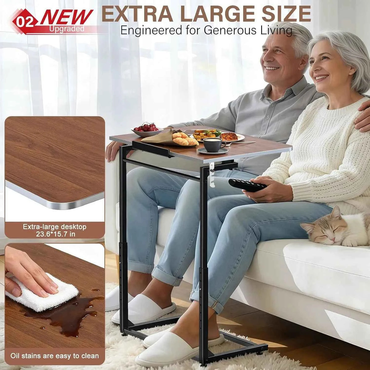 Extra Large Heavy Duty TV Tray Table, 23.6" Folding C-Shaped. Laptop Desk.  Height & Tilt Adjustable. End Table with Phone/Tablet Slot, Easy Clean. Walnut Finish