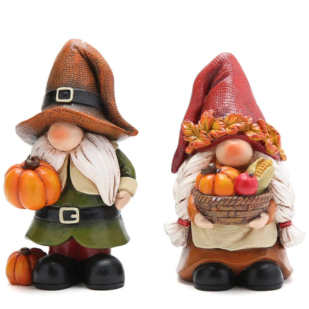 Hodao Resin Fall Gnome Figurine Set, 2-Piece Thanksgiving Gnome Figure Model with Pumpkin, Harvest Basket, Autumn Leaves and White Beard, Collectible Tabletop, Shelf Sitter Decor for Fireplace Mantel, Tiered Tray Home Display