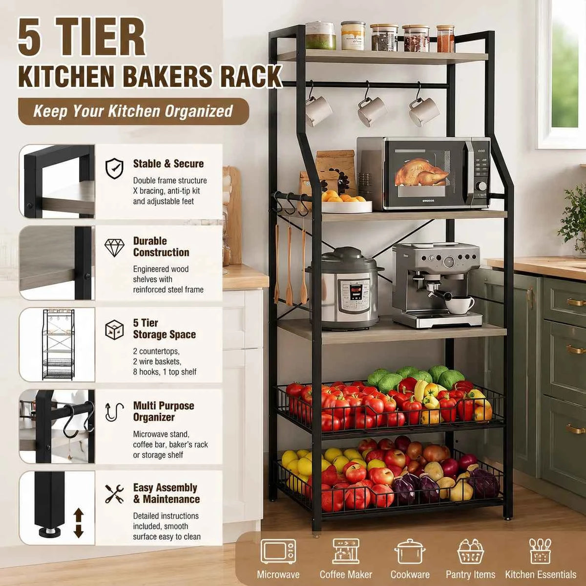 5 Tier Kitchen Bakers Rack with Microwave Stand. Freestanding Storage Shelf with Wire Baskets. Hooks,  Industrial Style Organizer