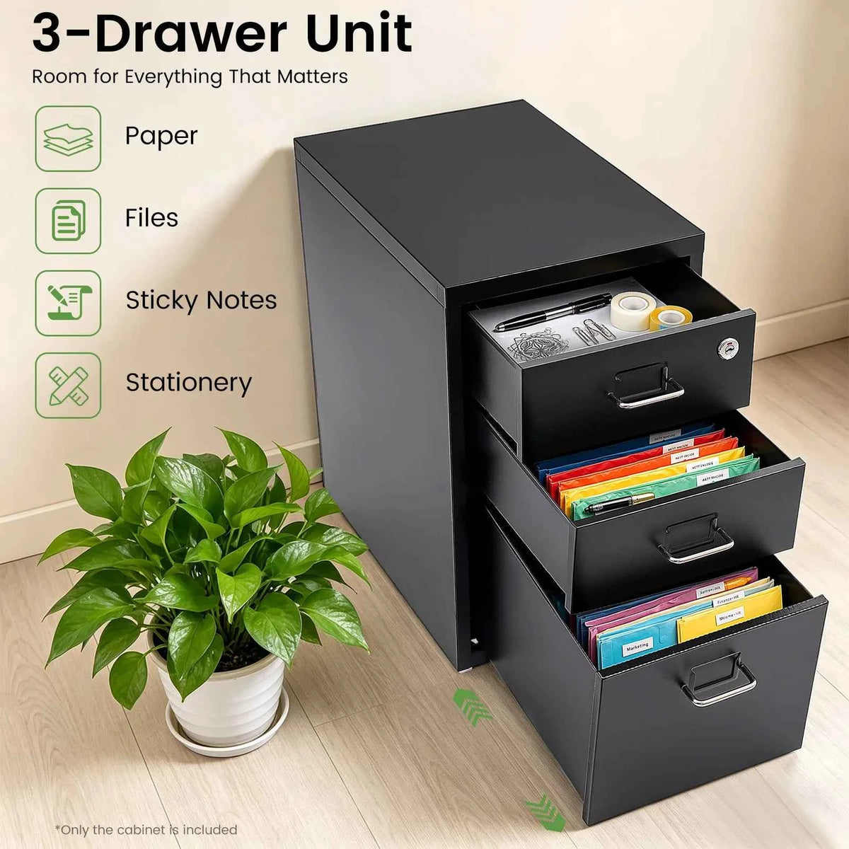 Black Lockable 3-Drawer Mobile File Cabinet Under Desk. Rolling Steel Storage Cabinet with Wheels Silent Slide Drawers