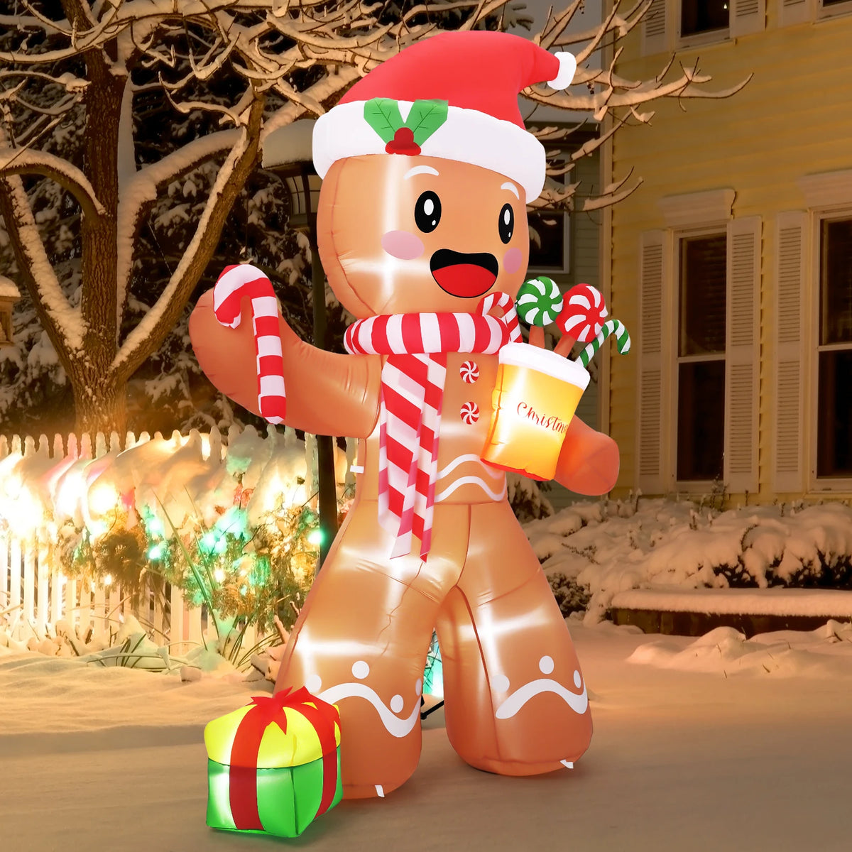 8ft Christmas Gingerbread Man Inflatable With Led Lights, Blow Up Outdoor Yard Decoration For Lawn, Garden, Porch, Indoor. Holiday Party Decor
