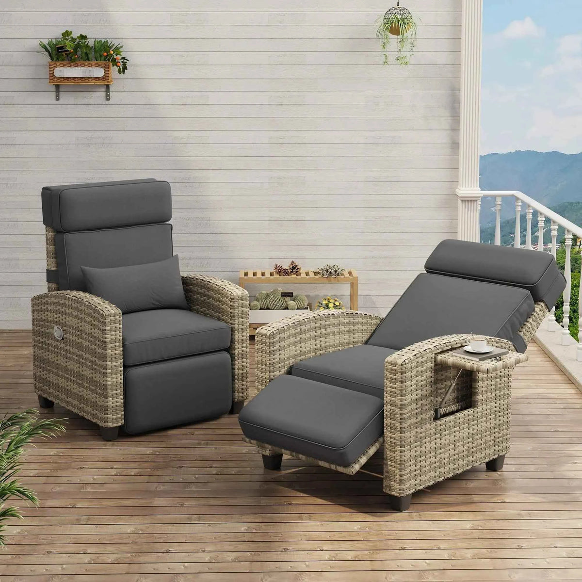 Recliner Chair with Adjustable Wicker,150° Lay-Flat Backrest & Footrest,Flip-Up Side Table,Removable Thick Cushion,Comfortable Chair for Patio Indoor and Outdoor,Grey