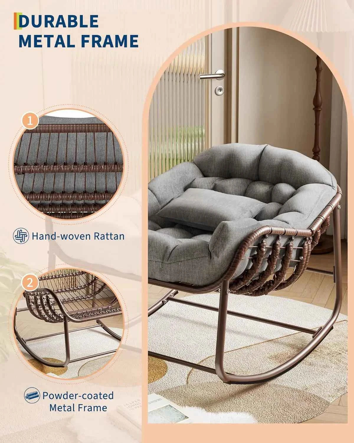 Oversized Papasan Egg Rocking Chair. Heavy-Duty Frame 300 Lb. Wicker Lounge Patio Rocker with UV-Resistant Cushion Indoor/Outdoor for Porch & Garden