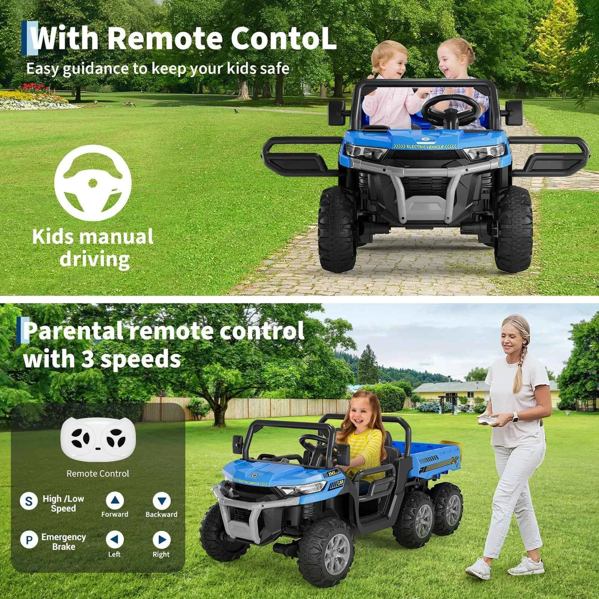 24V Kids Electric Ride Dump Truck, a 2 Seater 4WD with 6 Wheels. Parent Remote Control with 3 speeds. With Dump Bed, Bluetooth for Music, LED Lights, 2 Speeds