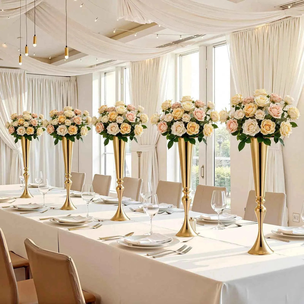 12 PCS Wedding Flower Vase, 21.7 In Tall Trumpet Flower Table Centerpieces, Banquet Vases Easy Installation, Electroplated Versatile Arrangement Stand For Party Events, Home Decor, Reception, Gold