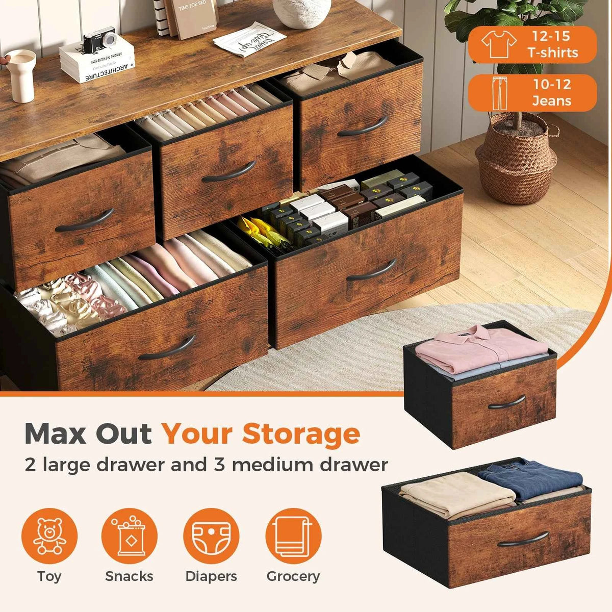 MCQ 5 Drawer Furniture. Wide Fabric Storage Tower with Wooden Top and Metal Frame