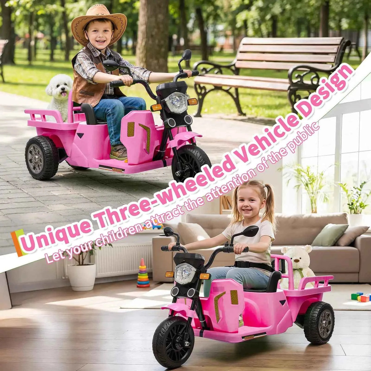 12V Kids Electric Tricycle With Trailer, 110W Ride On Motorcycle Tractor, Sand Shovel, Bluetooth Music, LED Headlight, 3 Speeds