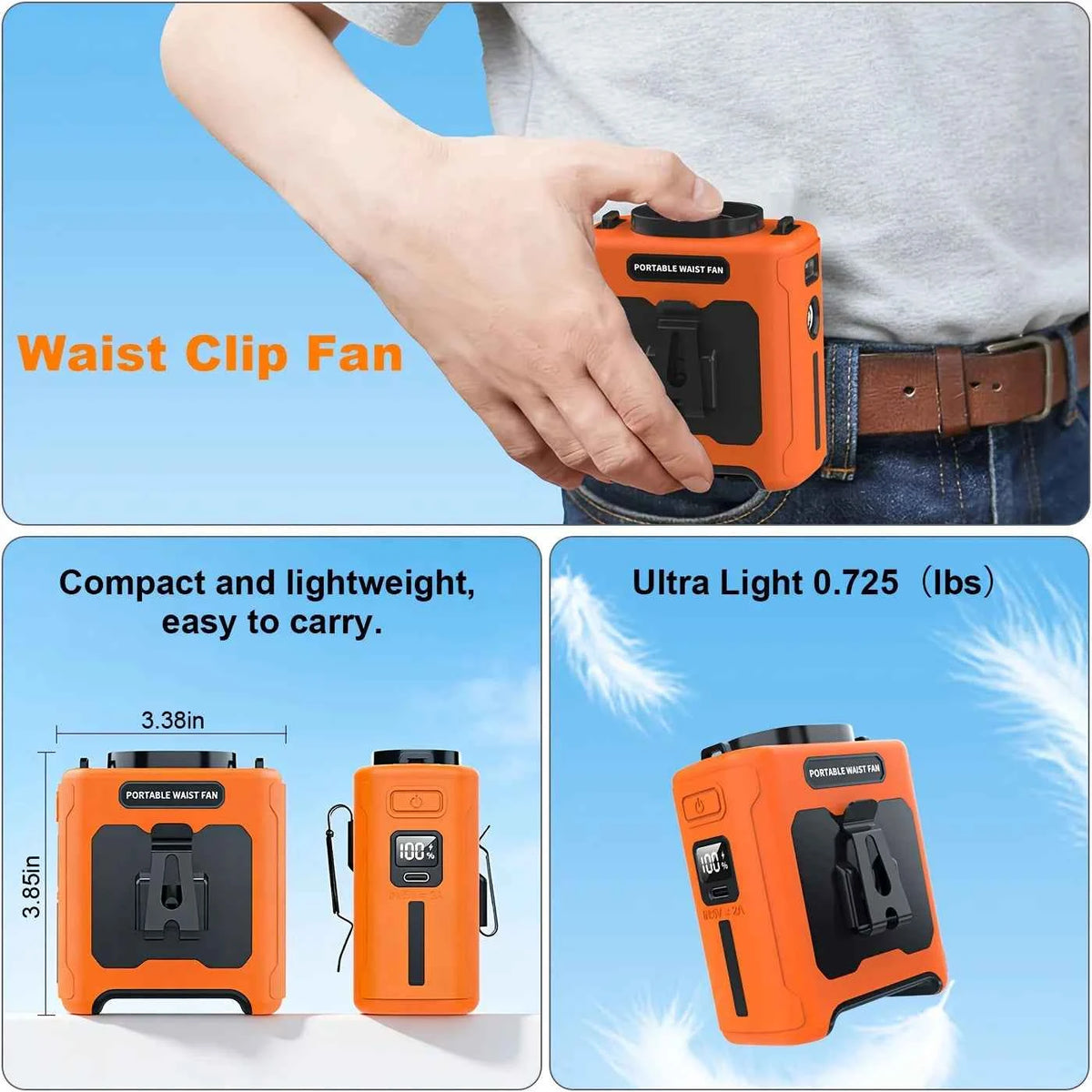 10000mAh Waist Fan, Portable, Handheld, Hanging Neck Fan. Ultra-Strong Wind with Phone Charging LED Light For Outdoor. Camping. Travel