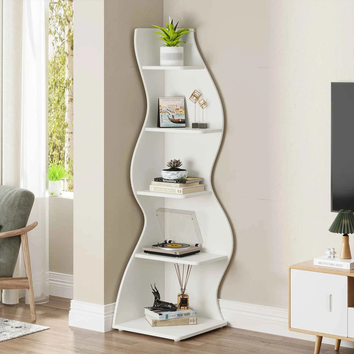 Tribesigns Corner Shelf, Stylish 5-Tier Corner Bookshelf,  Storage Rack. Plant Stand