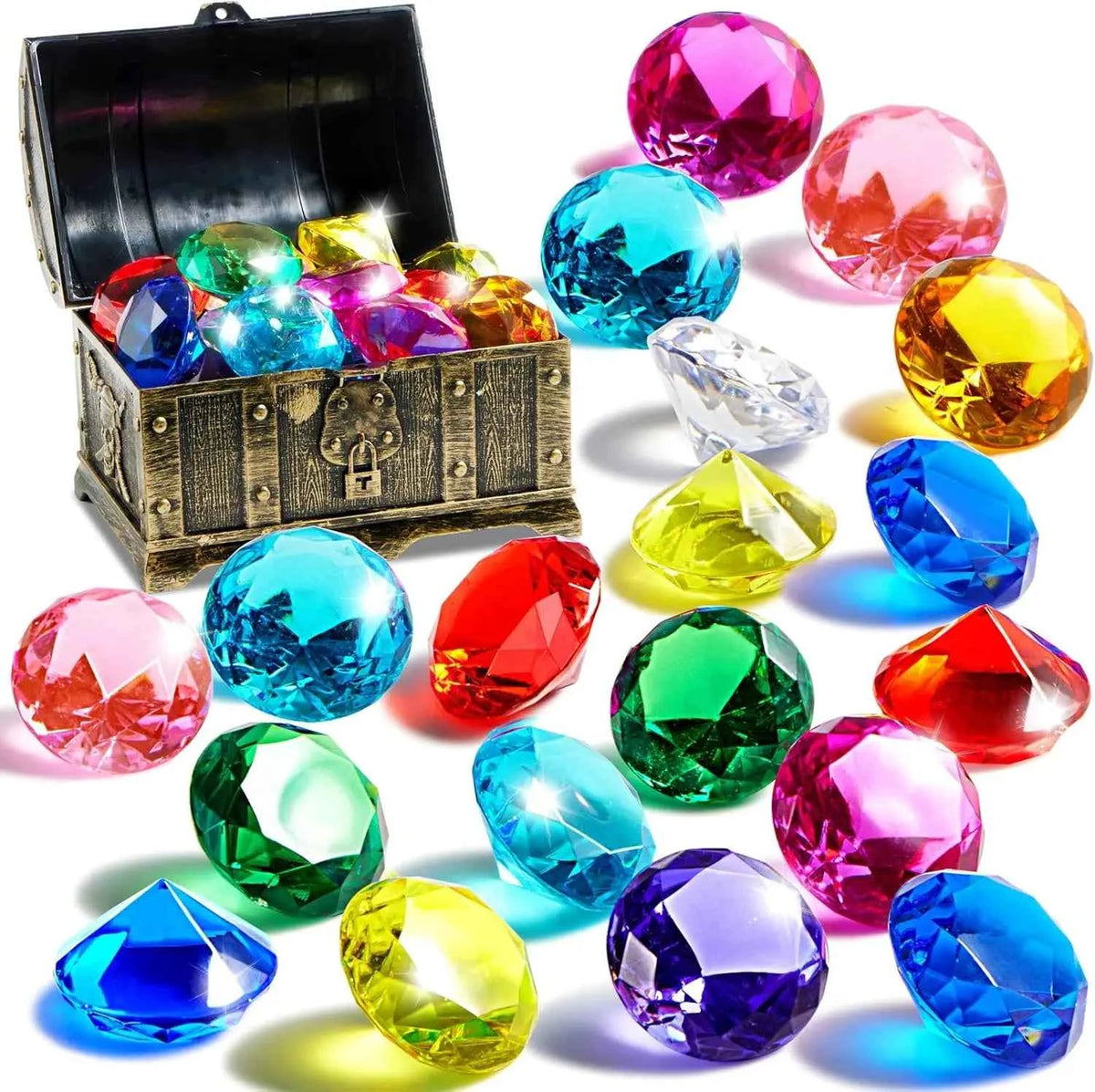 Joyfy Diving Gems Pool Toys. 16 Big Colorful Diamond with Pirate Treasure Chest for Kids Underwater Gemstone Swimming.
