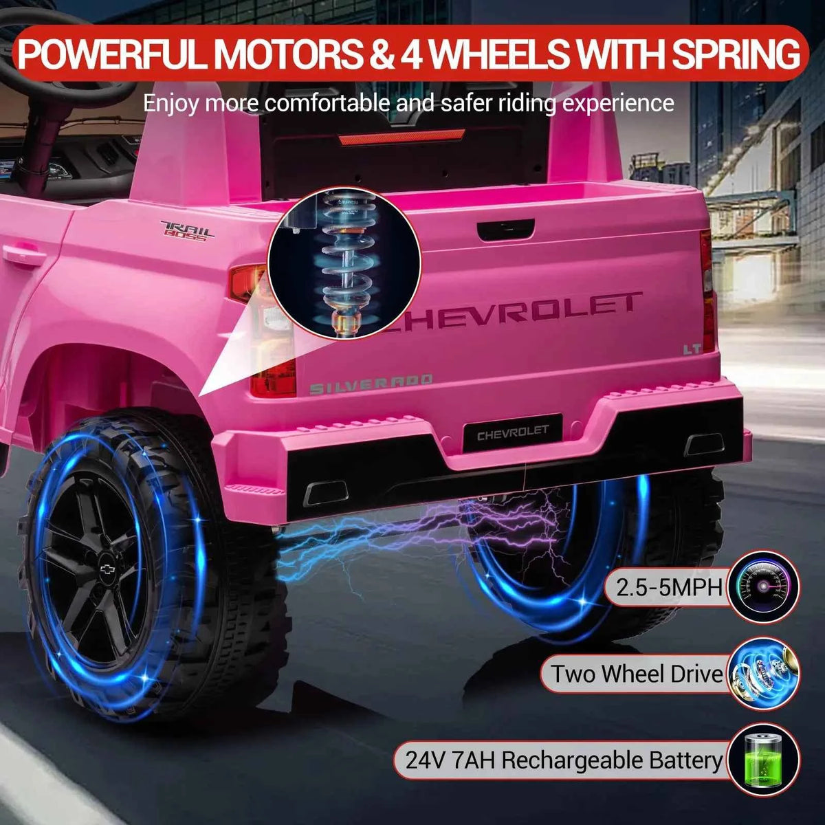 24V 2 Seater Kids Electric Ride On Truck With Parent Remote Control, Dual Motors, Spring Suspension, Music, LED Light