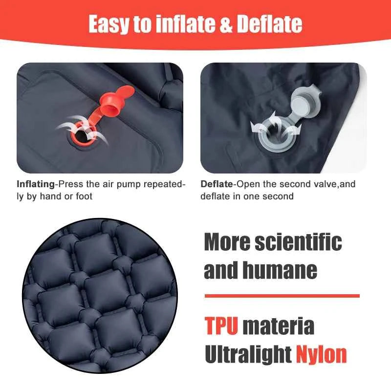PACOONE Outdoor Sleeping Pad, Camping Inflatable Mattress,  Built-in Pump. Ultralight Air Cushion Travel Mat With Headrest For Travel