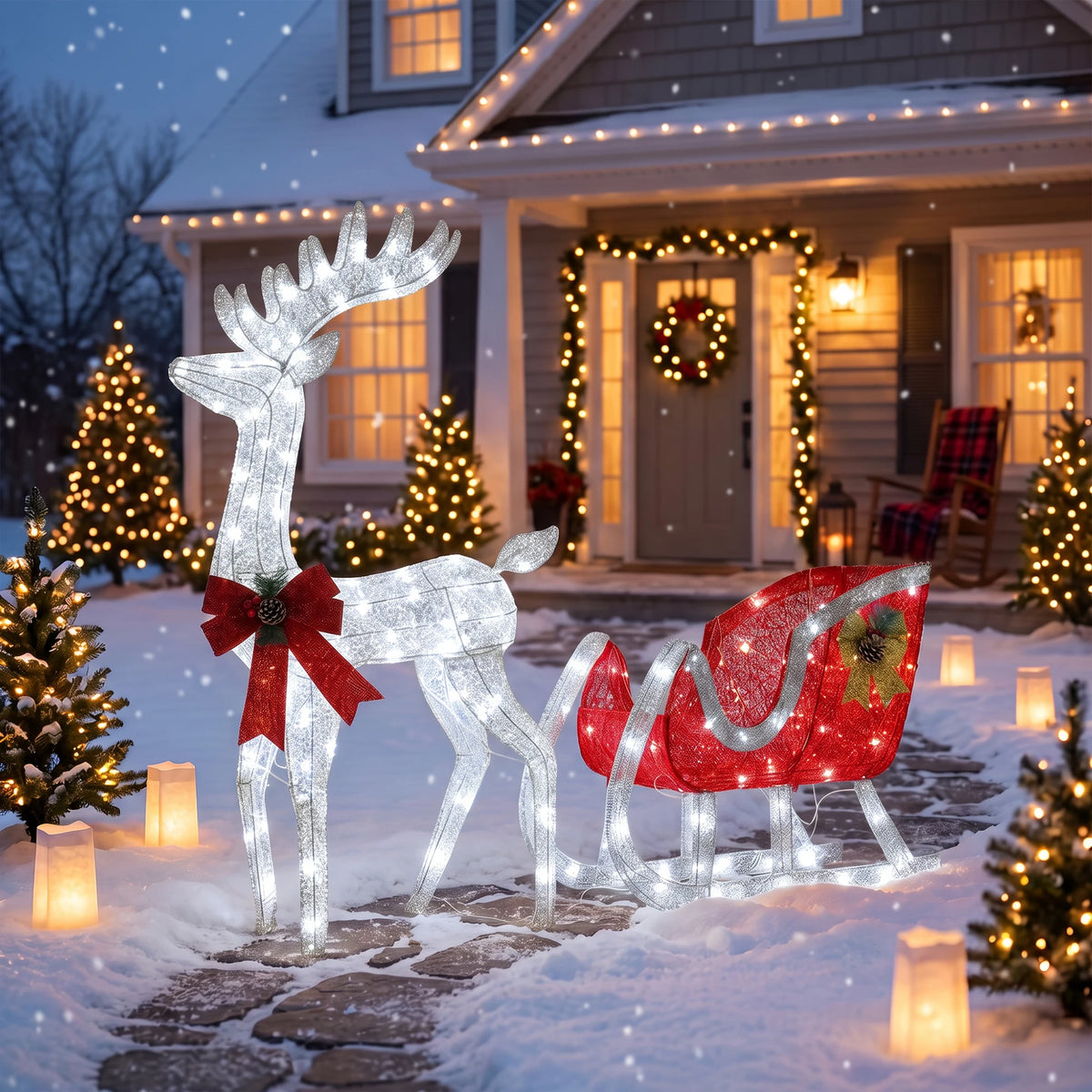 4ft Lighted Christmas Reindeer and Sleigh Outdoor Yard Decoration Set. Pre Lit White LED Holiday Display for Lawn Ornament for Winter Festival