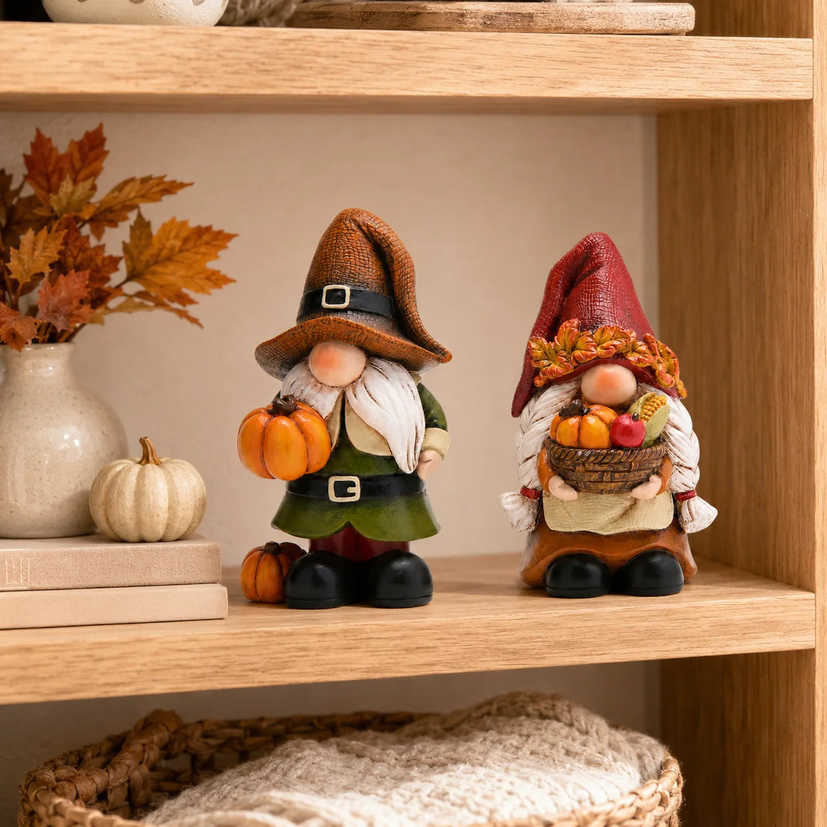 Hodao Resin Fall Gnome Figurine Set, 2-Piece Thanksgiving Gnome Figure Model with Pumpkin, Harvest Basket, Autumn Leaves and White Beard, Collectible Tabletop, Shelf Sitter Decor for Fireplace Mantel, Tiered Tray Home Display