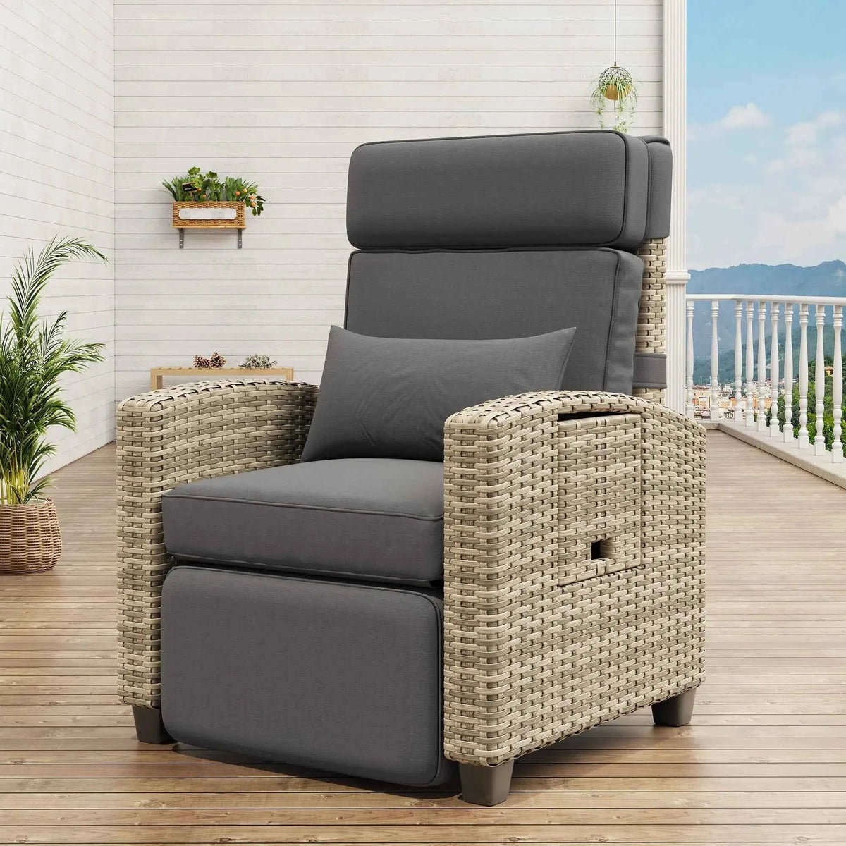 Recliner Chair with Adjustable Wicker,150° Lay-Flat Backrest & Footrest,Flip-Up Side Table,Removable Thick Cushion,Comfortable Chair for Patio Indoor and Outdoor,Grey