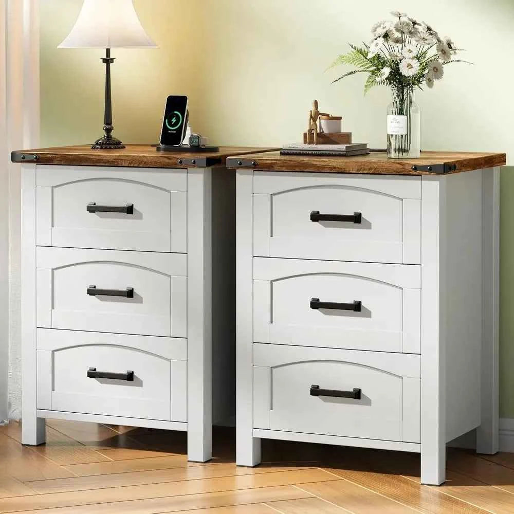Farmhouse Nightstand Set of 2 with Charging Station,  Wood Bedside Table, Customized