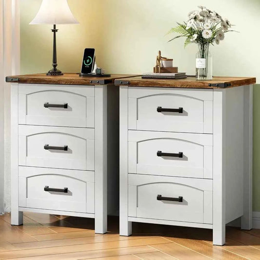 Farmhouse Nightstand Set of 2 with Charging Station,  Wood Bedside Table, Customized