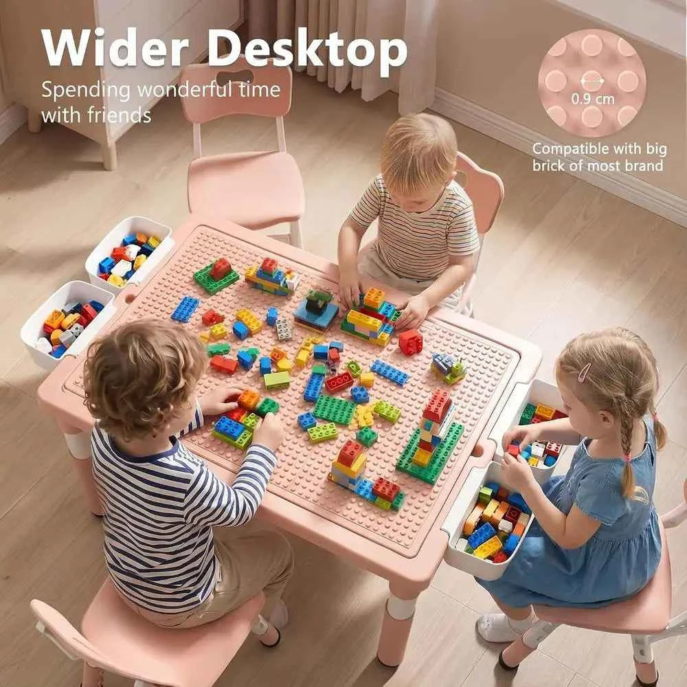 Kids Table & 4 Chairs Set, Height Adjustable Children Activity Table w/Storage, Graiti & Building Blocks Tabletop, Toddler urnit