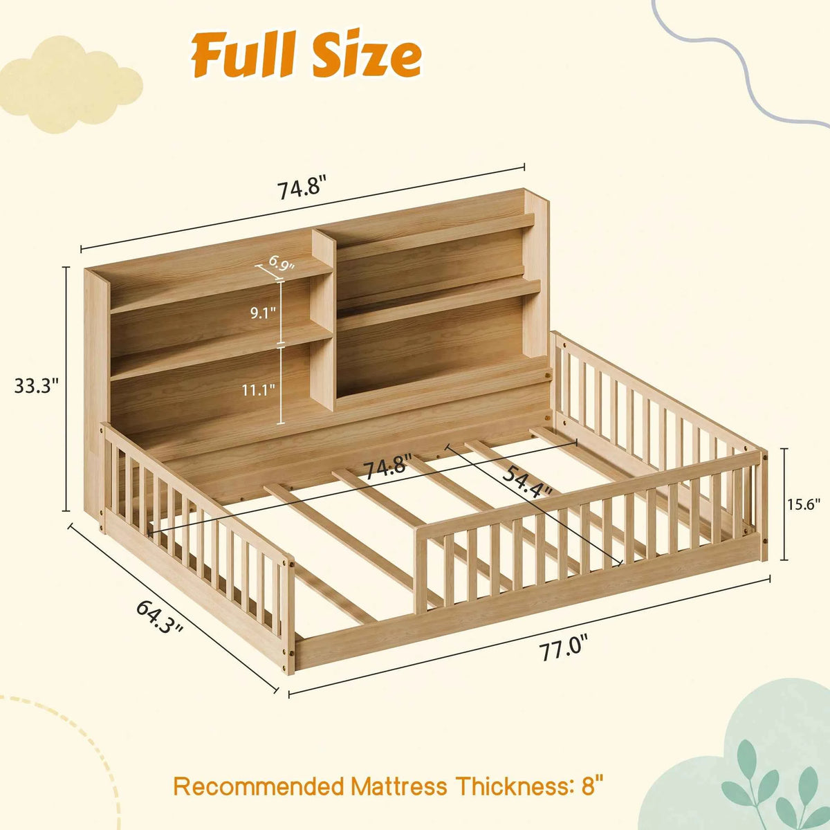 Full Size Floor Bed with Bookshelf & Safety Rails, Solid Pine Wood  Bed Frame, Low-to-Ground  for Kids or Toddler Bed with Wide Entrance, Natural