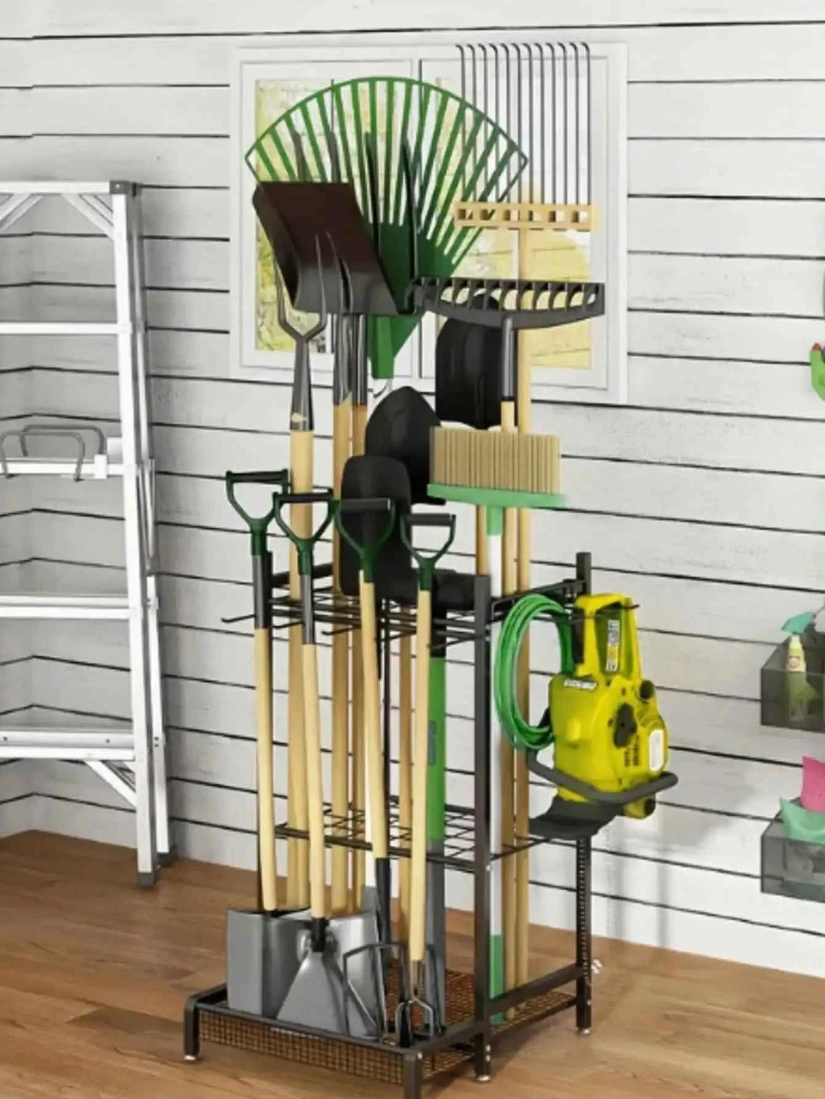 AXOSY-Portability Tool Organizer With Wheels,  Metal Yard Tools Organizer.  Heavy Duty Garden Tool Organizer For Garage, Yard, Patio, Shed, Indoors And Outdoors