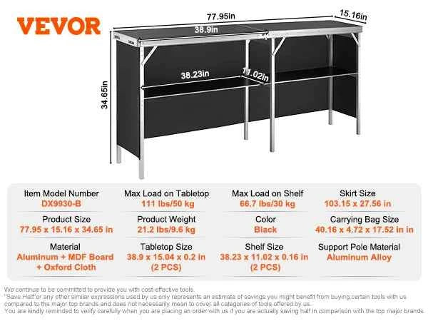 Folding Portable Bar Table or Tradeshow Podium Table for Party, Picnic, Exhibition. Includes Carrying Case, Storage, Shelf Skirt