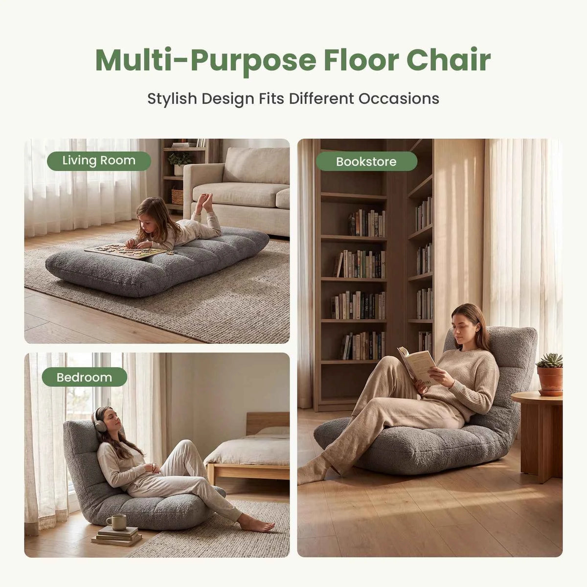 JHK Folding Floor Chair with Back Support Adjustable 14-Position Floor Seating with Comfy Teddy Velvet