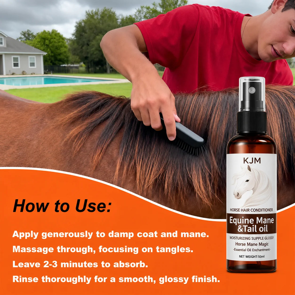 KJM Horse Mane Detangling Spray. All Breeds, Plant Extract Quick Moist Non Greasy Shiny Equine Daily Groom Spray