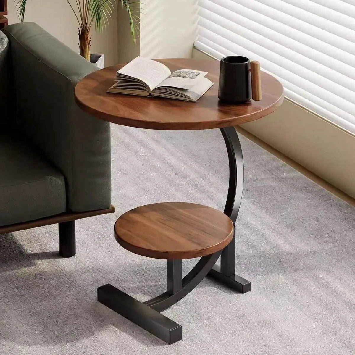 Round C Shaped 2 Tier Side Table with Modern Faux Marble.  Metal Frame. Space Saving and Small