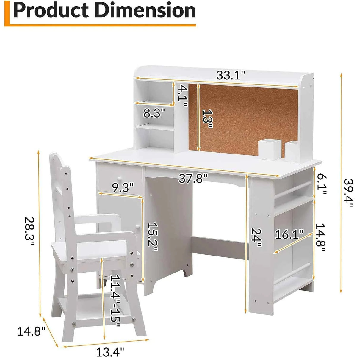 Kids Desk and Chair Set for Boys and Girls.  Wooden Kids Writing Desk with Bookshelf, Bulletin Board, Cabinet and Drawer for Ages 3-8, White