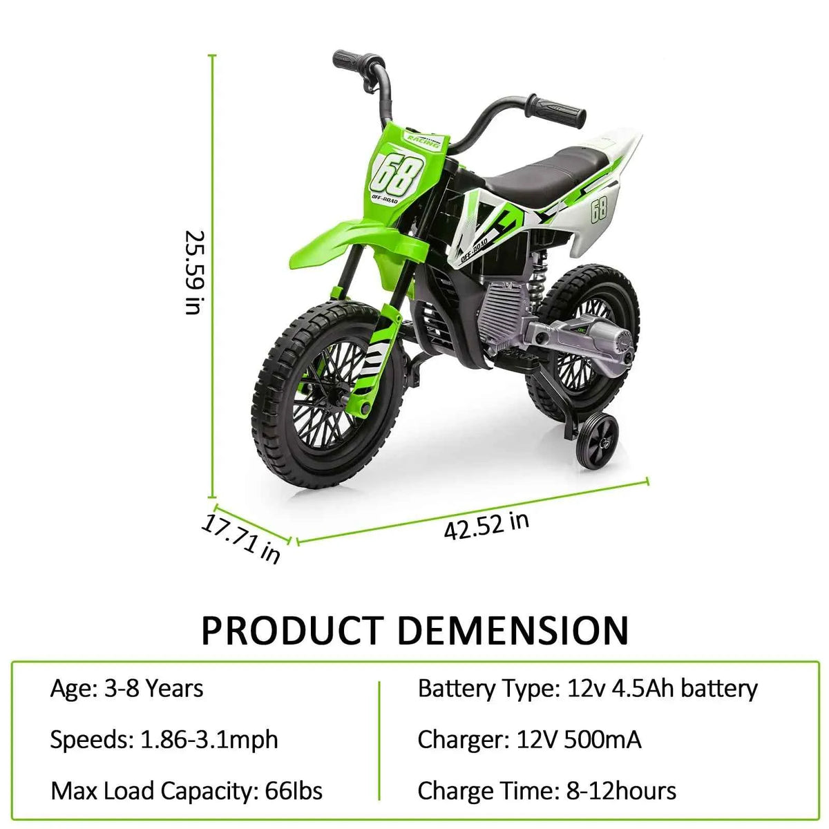 12V Kids Electric Dirt Bike With Training Wheels, Twist Grip Throttle, 3 MPH, Music, 4.5Ah Battery & Charger