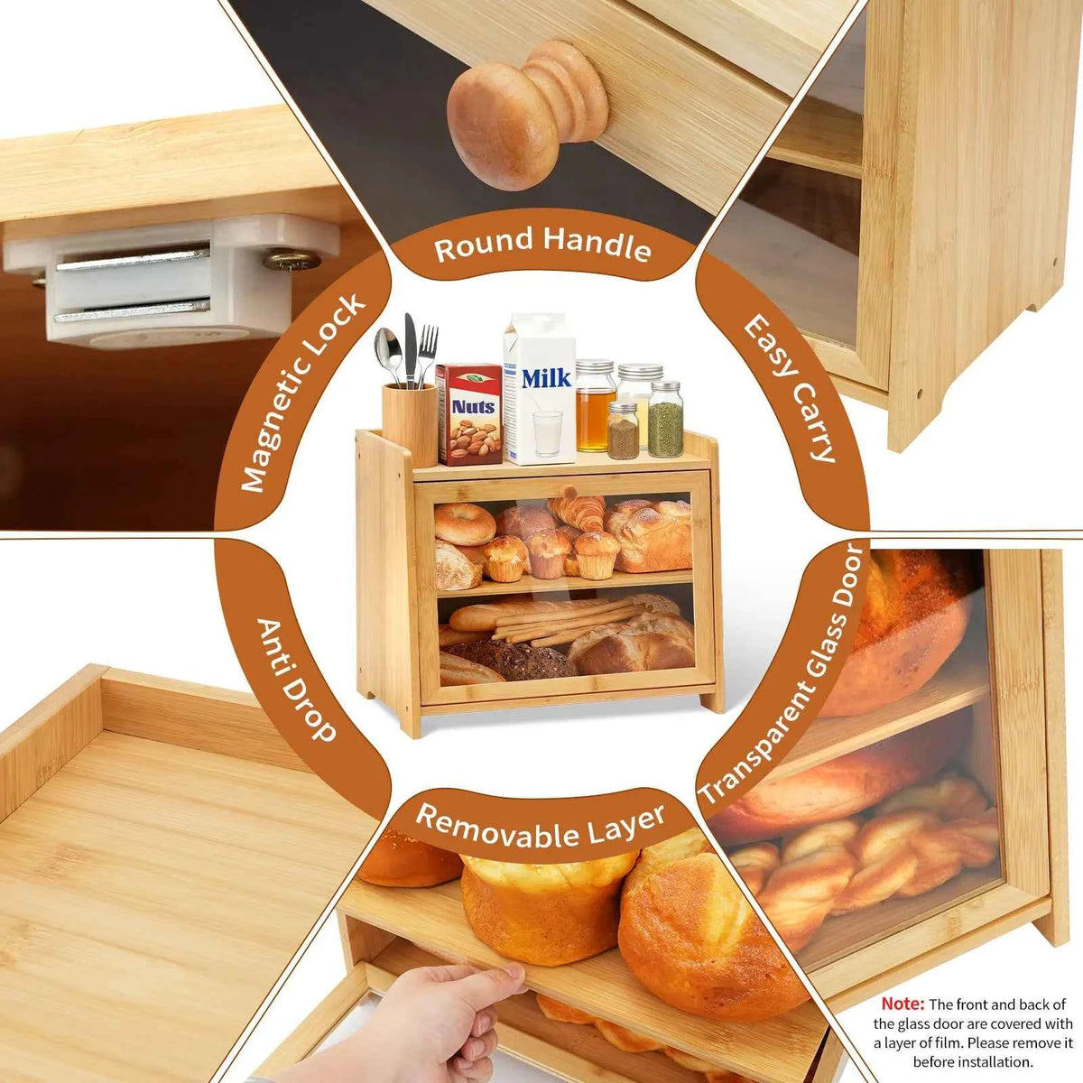 Bamboo Bread Box for Kitchen Countertop(Natural), Double Layer with Window,  Farmhouse Style Large Capacity Storage Container