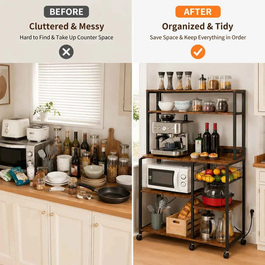 35 Inch Kitchen Baker Rack with Power Outlet, 4 Tier Microwave Stand Storage Shelf with 2 AC Outlets USB & Type-C Ports, Coffee Bar Station with 5 S Hooks, Industrial Metal Kitchen Organizer for Spices Pots Mugs Small Applian