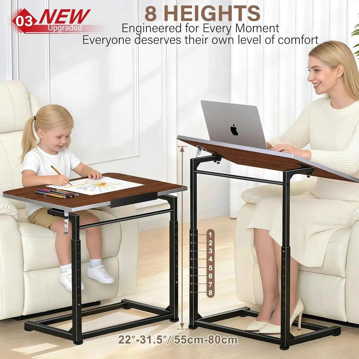 Extra Large Heavy Duty TV Tray Table, 23.6" Folding C-Shaped. Laptop Desk.  Height & Tilt Adjustable. End Table with Phone/Tablet Slot, Easy Clean. Walnut Finish