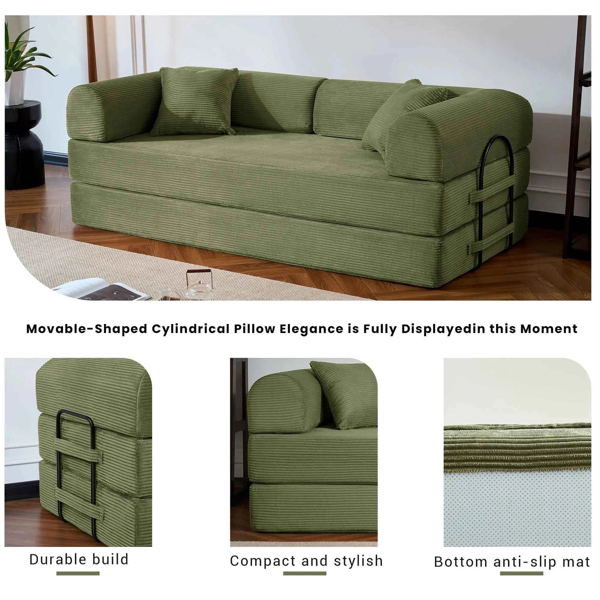 79’’ Folding Convertible Sofa Bed.  Corduroy Upholstered Boneless Couch, Loveseat Sleeper. Floor Sofa for Living Room or Bedroom